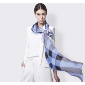 Pure Silk Scarf Blue Plaid Women Summer Scarf
